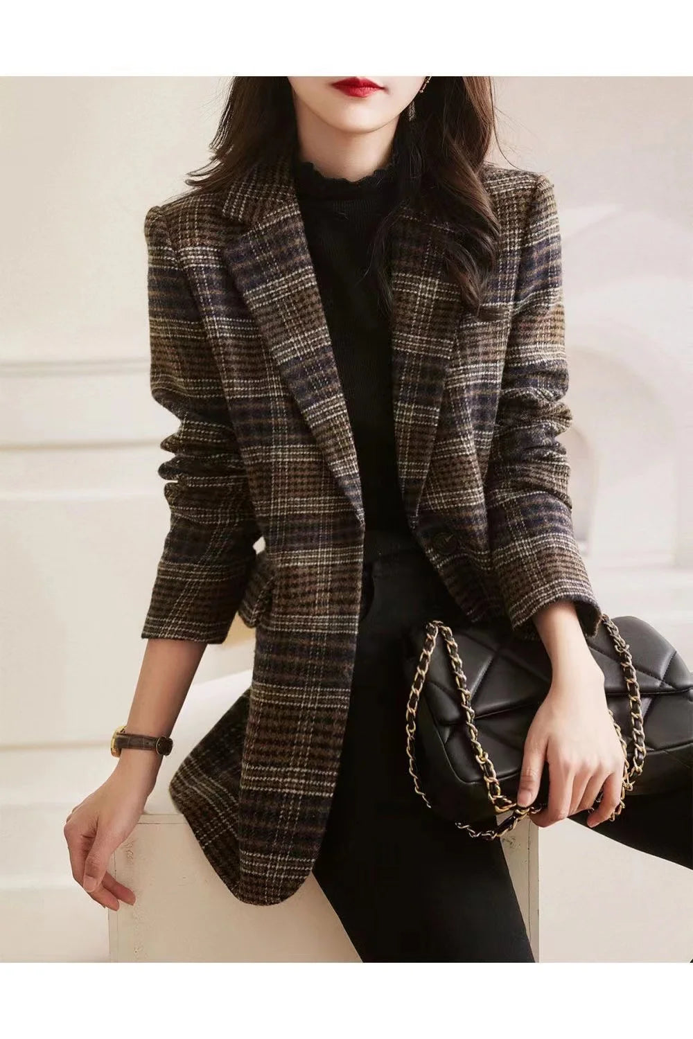 Brown Women Plaid Woolen Blazer