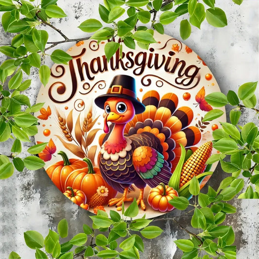 Thanksgiving Turkey Metal Sign - Attractive Printed Iron Wall Art, Round Holiday Plaque for Bar, Cafe, Kitchen Decoration