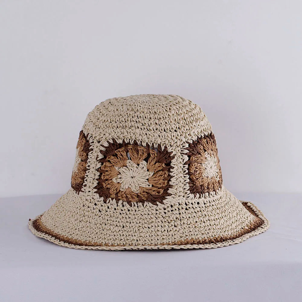 Hollowed Straw Crochet Bucket Hat UV Protection