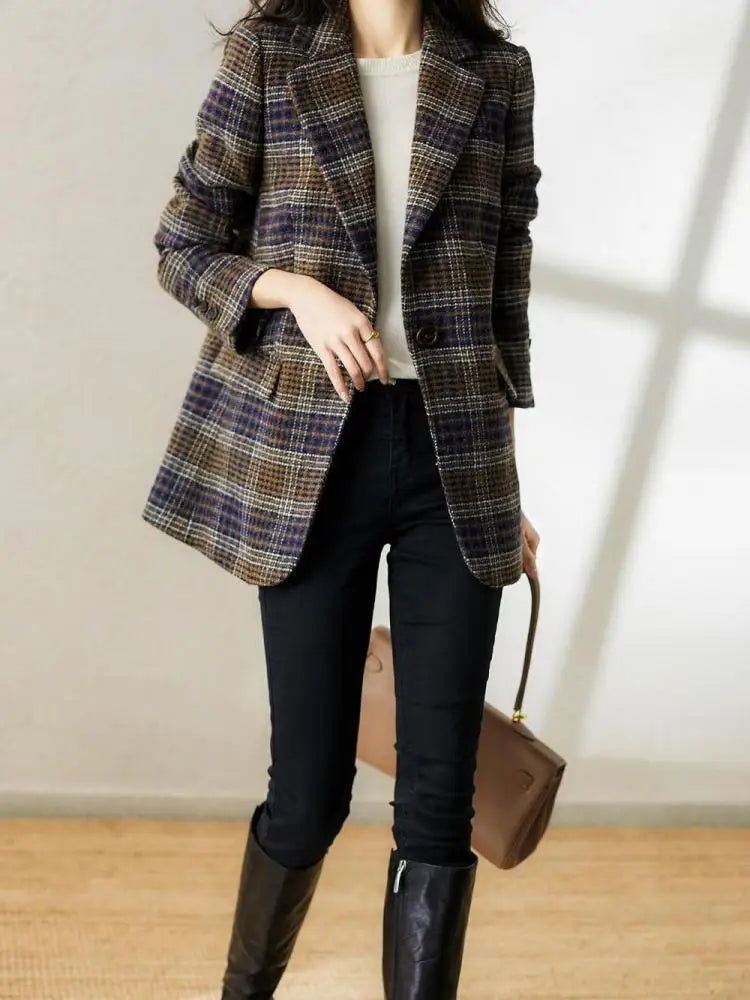 Brown Women Plaid Woolen Blazer