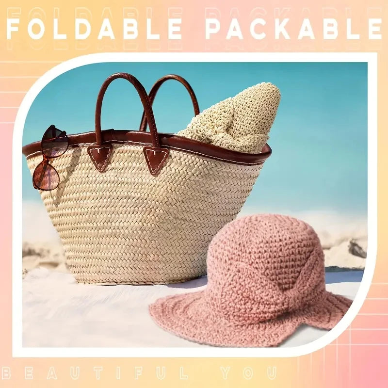 Straw Bowknot Slit Vintage Crochet Foldable Bucket Hat UV Protection