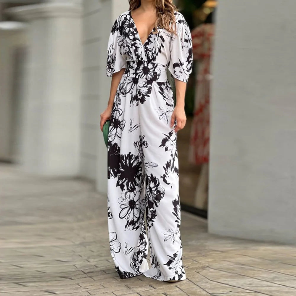V-neck Dolman Sleeve Print Jumpsuit Loose High-rise Jumpsuit