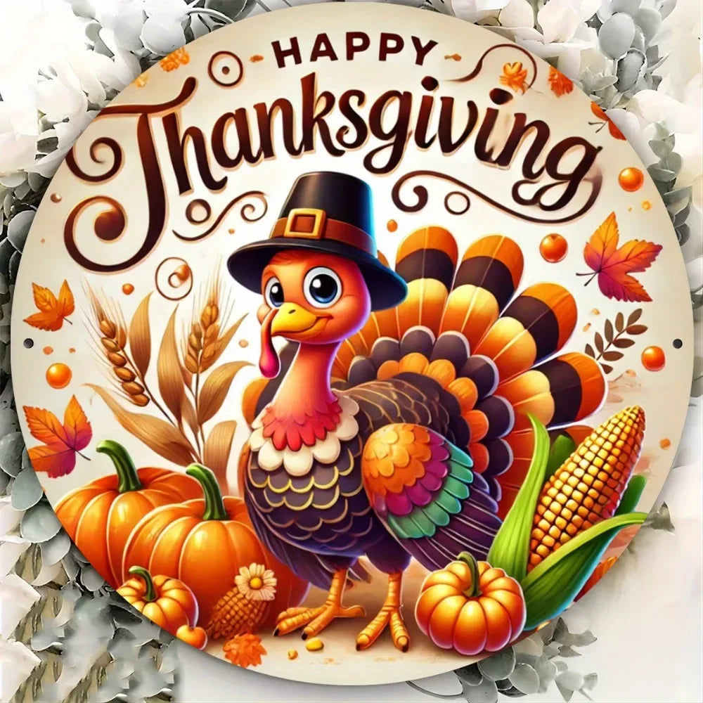 Thanksgiving Turkey Metal Sign - Attractive Printed Iron Wall Art, Round Holiday Plaque for Bar, Cafe, Kitchen Decoration