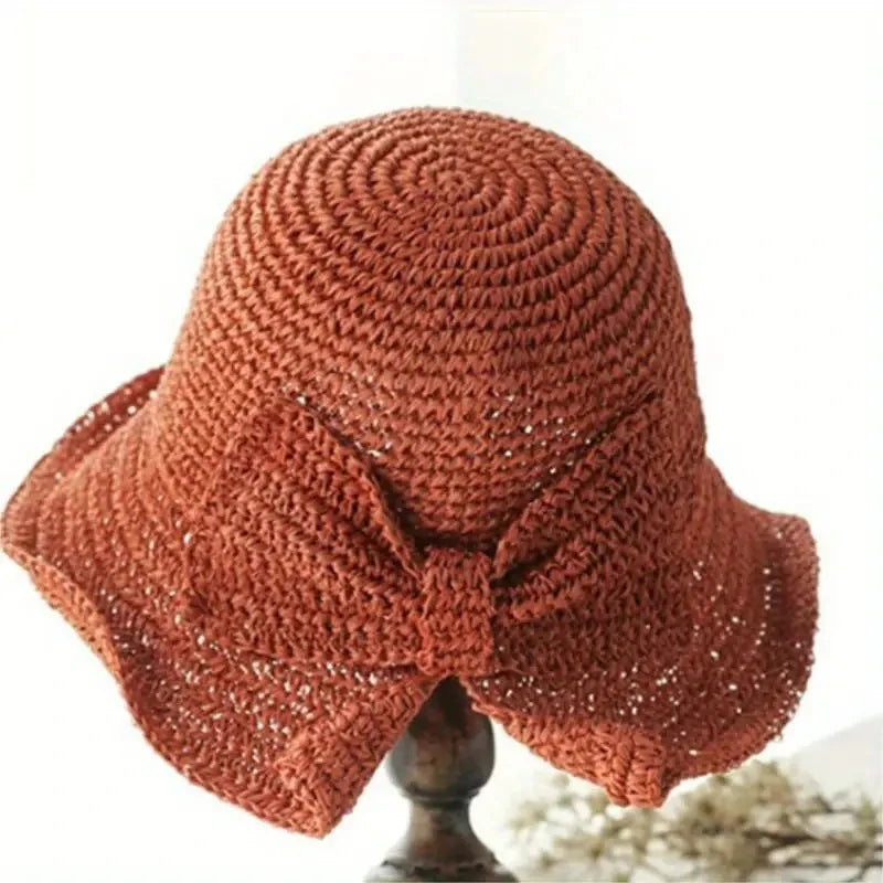 Straw Bowknot Slit Vintage Crochet Foldable Bucket Hat UV Protection