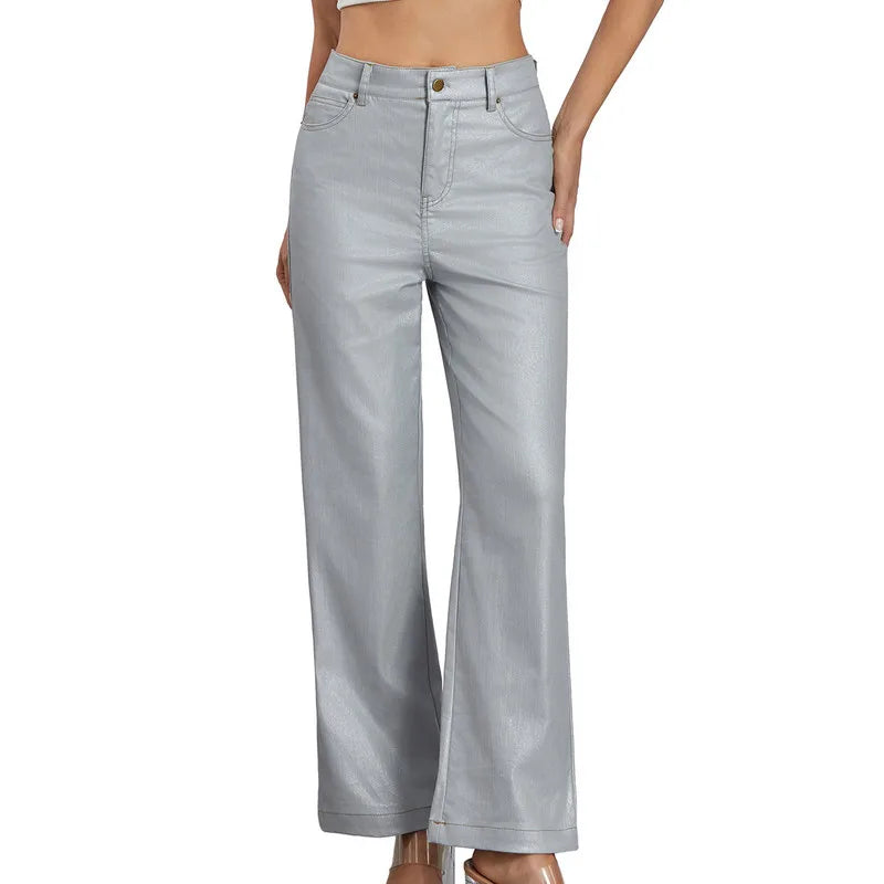 Metallic Shiny Denim Solid High Waist Straight Leg Pants