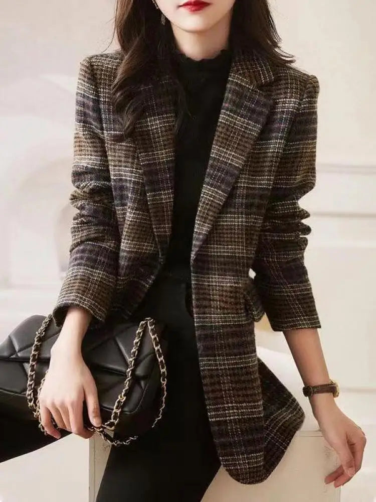 Brown Women Plaid Woolen Blazer