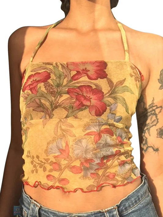 Mesh Sheer Floral Vintage halter Tops