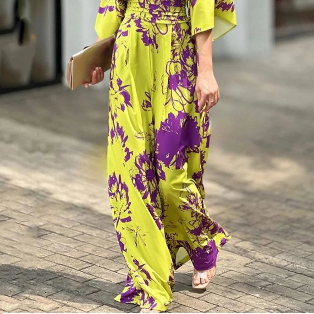 V-neck Dolman Sleeve Print Jumpsuit Loose High-rise Jumpsuit