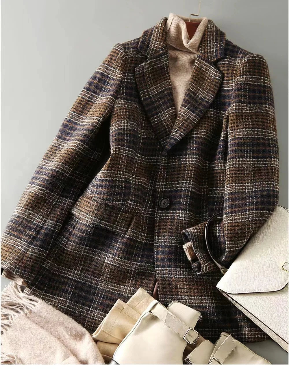 Brown Women Plaid Woolen Blazer