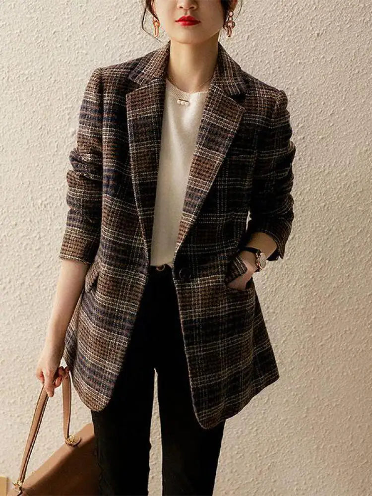 Brown Women Plaid Woolen Blazer