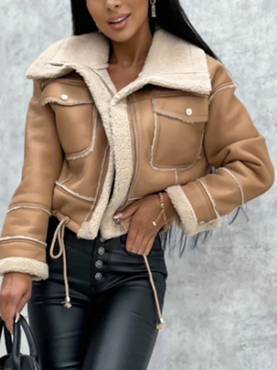 Winter Faux Leather Jacket Zipper Aviator Coat Faux Fur