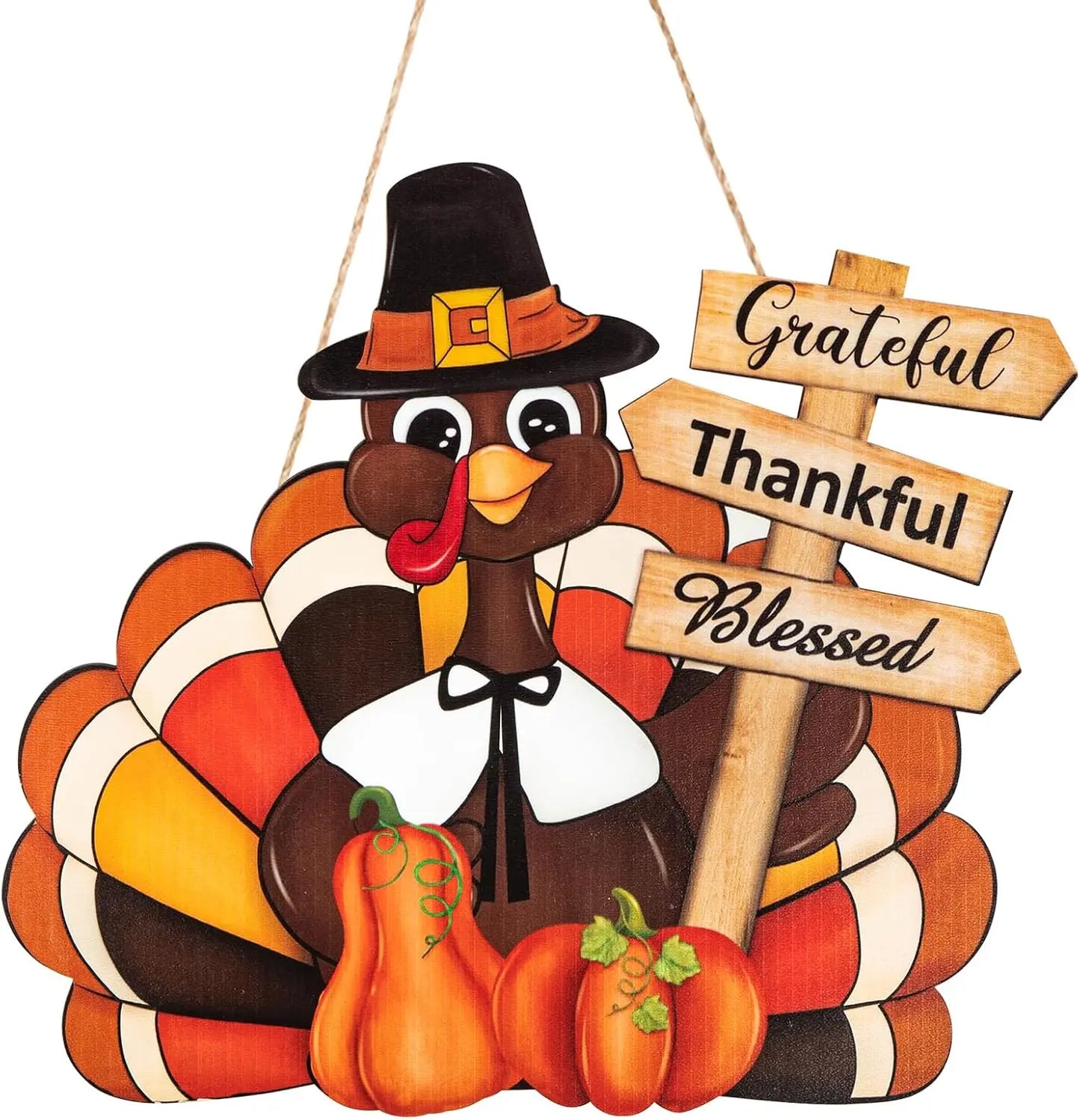 Thanksgiving Wooden Wreath Sign - Turkey & Pumpkin Front Door Decor with 'Thankful Blessed' Message, Fall Harvest Wall Art