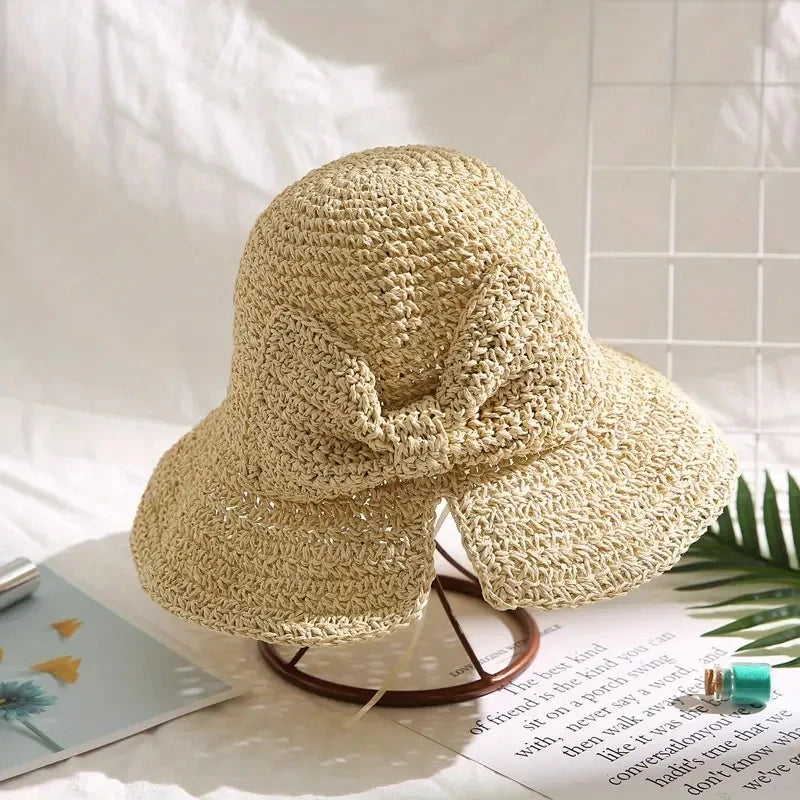 Straw Bowknot Slit Vintage Crochet Foldable Bucket Hat UV Protection