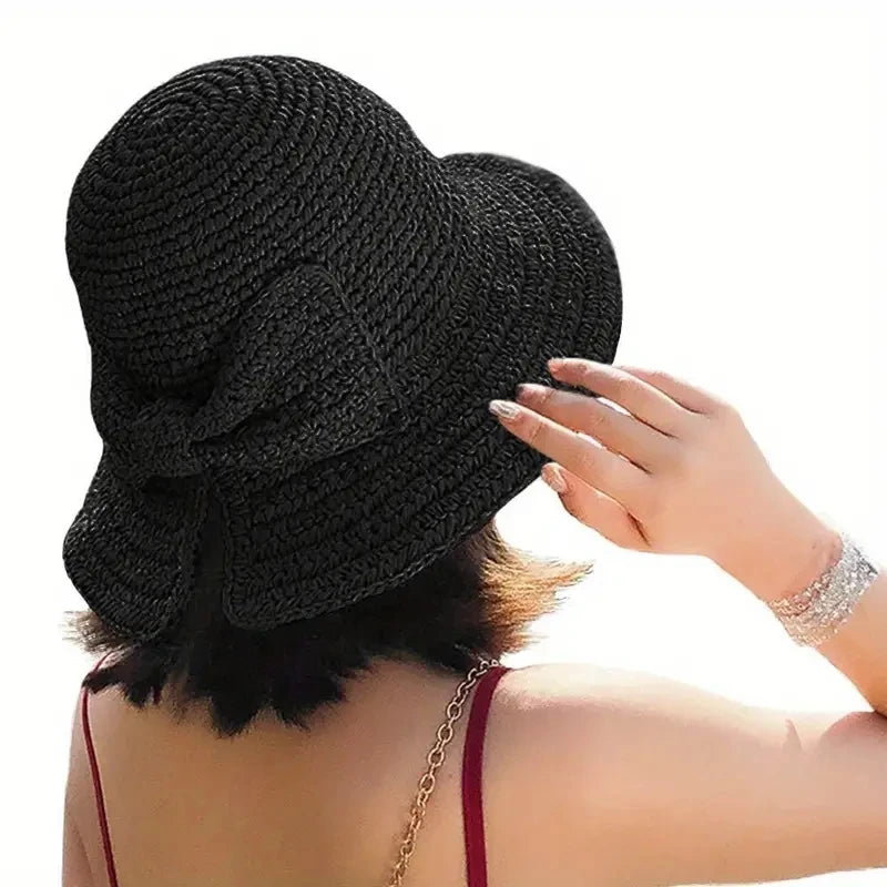 Straw Bowknot Slit Vintage Crochet Foldable Bucket Hat UV Protection
