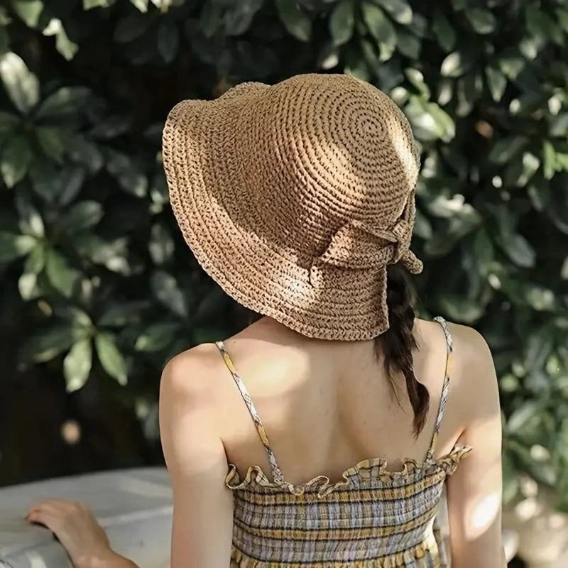 Straw Bowknot Slit Vintage Crochet Foldable Bucket Hat UV Protection