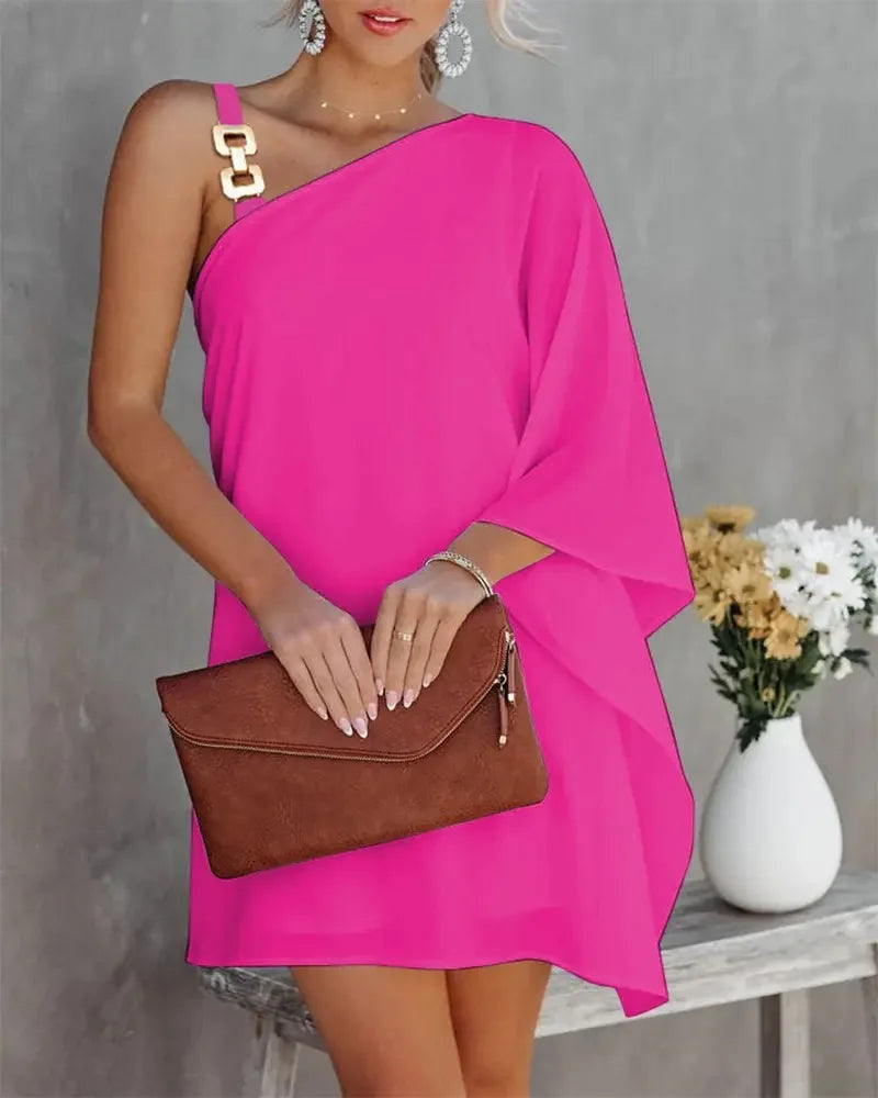 Casual Off-The-Shoulder One Strap Sloping Shoulder Midi Dress