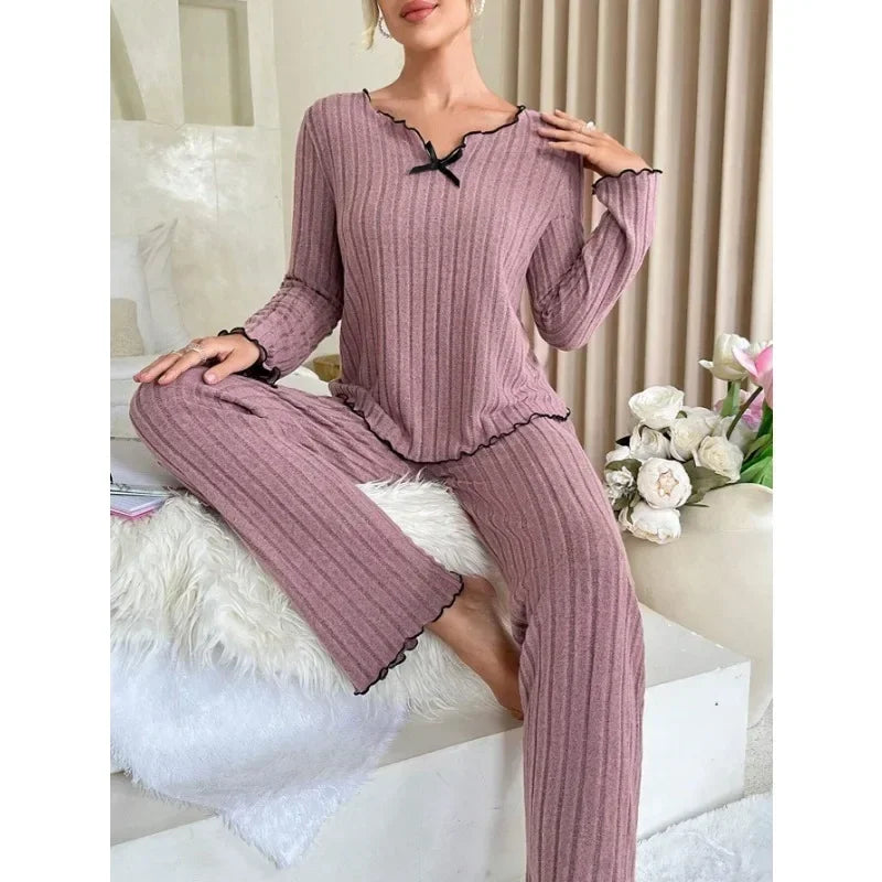 Ribbed Pajamas Set Long Sleeve Top and Long Pants 2 Piece