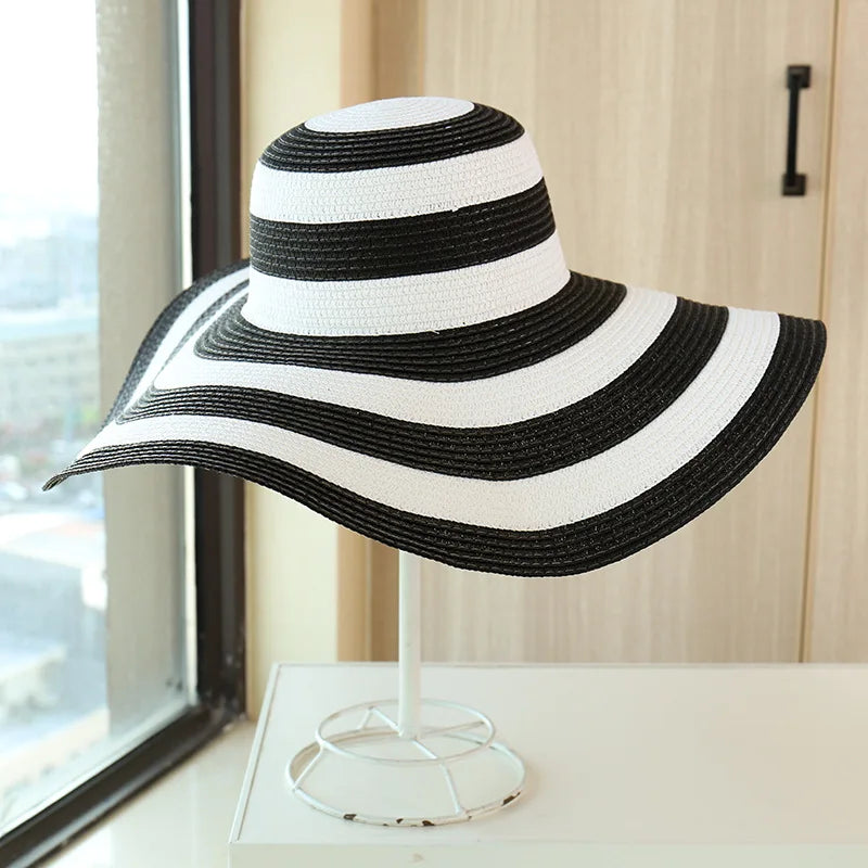 Casual Straw Striped Large Brim Hats UV Protection