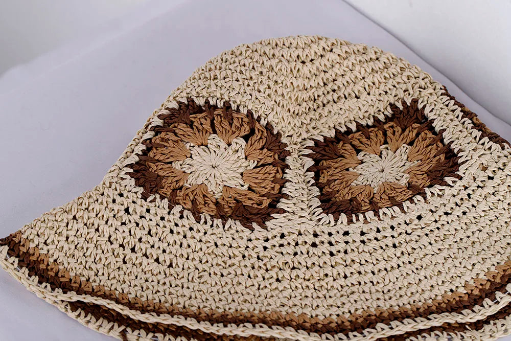 Hollowed Straw Crochet Bucket Hat UV Protection