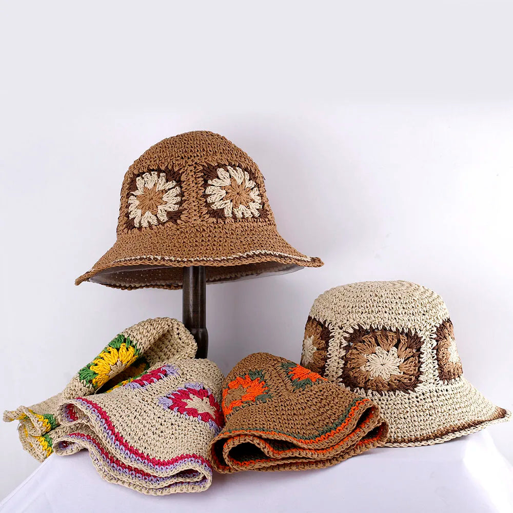 Hollowed Straw Crochet Bucket Hat UV Protection