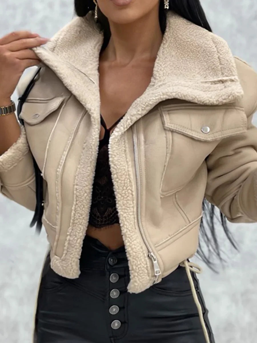 Winter Faux Leather Jacket Zipper Aviator Coat Faux Fur