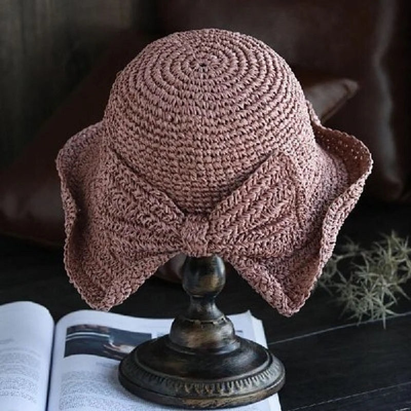 Straw Bowknot Slit Vintage Crochet Foldable Bucket Hat UV Protection