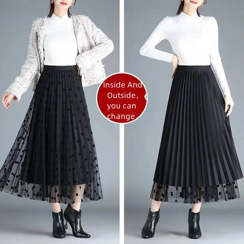 Mesh Skirt Lace Flocking Big Swing Elastic High Waist