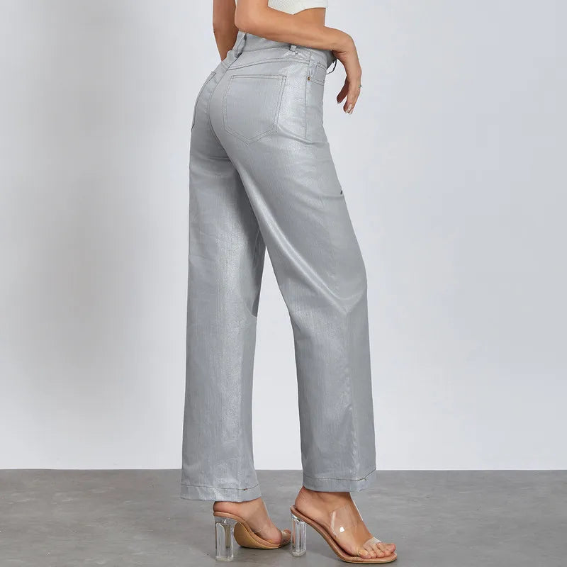 Metallic Shiny Denim Solid High Waist Straight Leg Pants