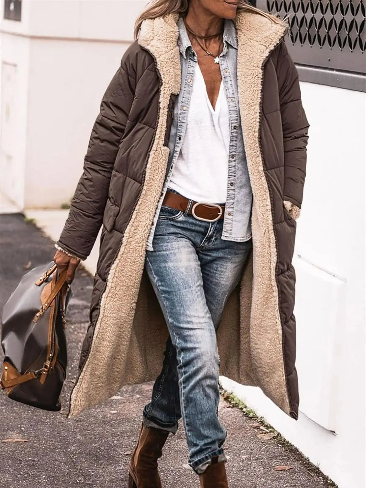 Winter Hooded Quilted Jacket Solid Reversible Long Sleeve Thick Puffer Coats