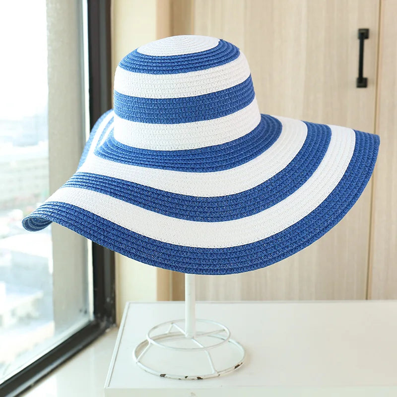 Casual Straw Striped Large Brim Hats UV Protection