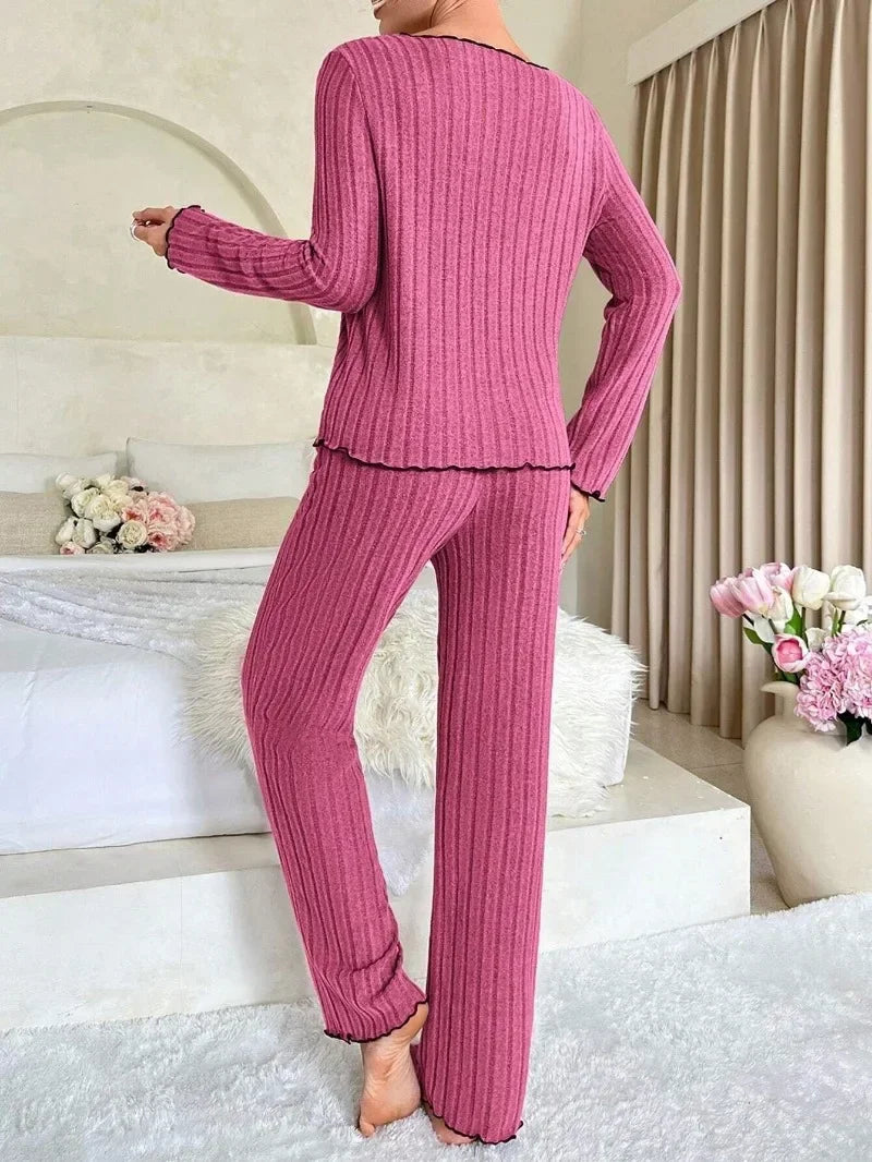 Ribbed Pajamas Set Long Sleeve Top and Long Pants 2 Piece