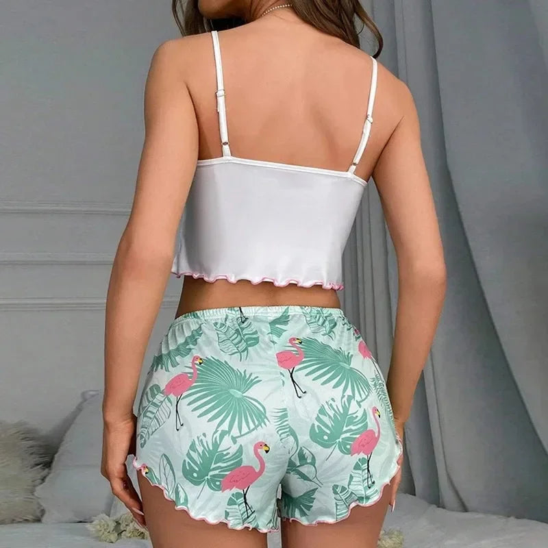 Cartoon Flamingo Print Pajamas Set Top & Shorts Homewear Loungewear