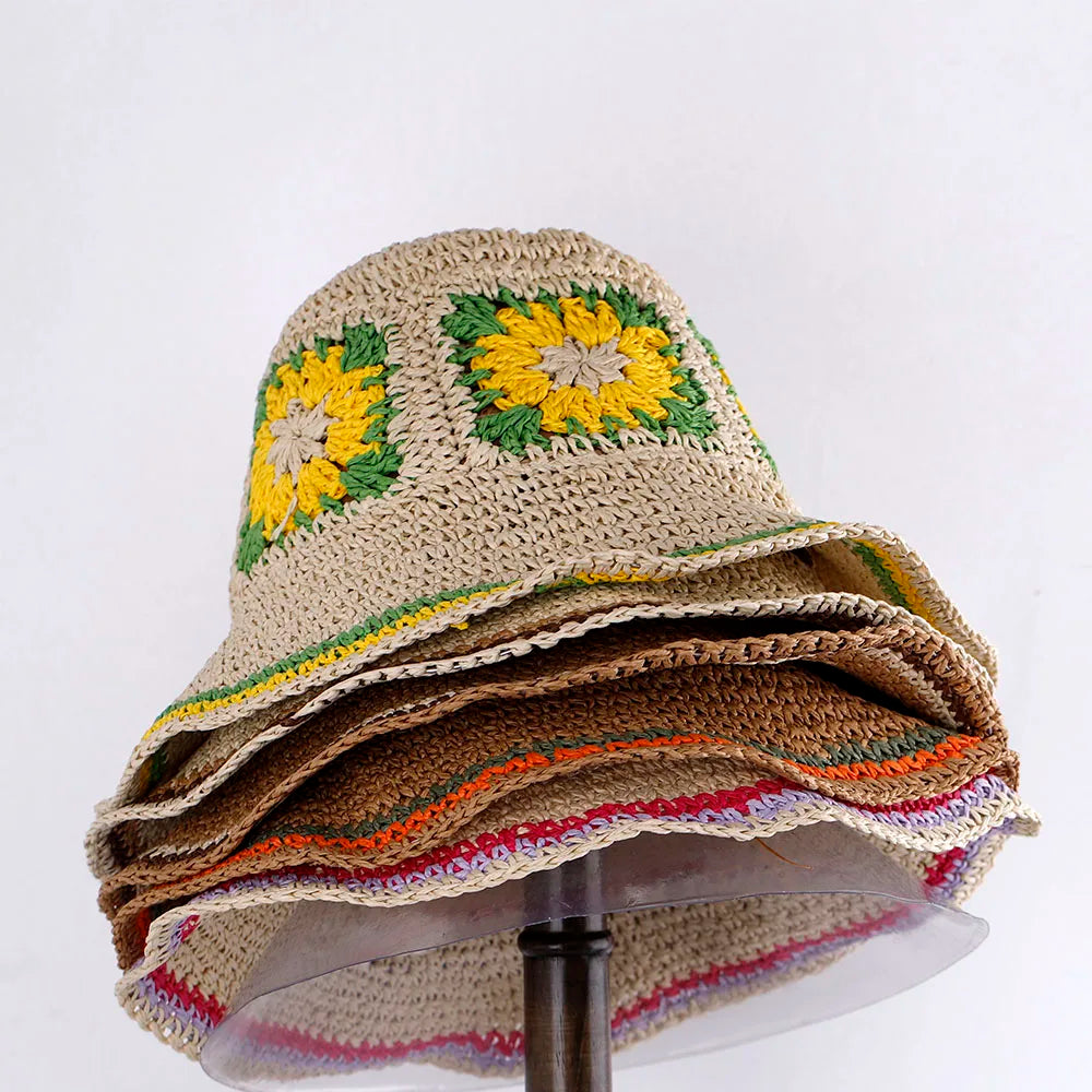Hollowed Straw Crochet Bucket Hat UV Protection