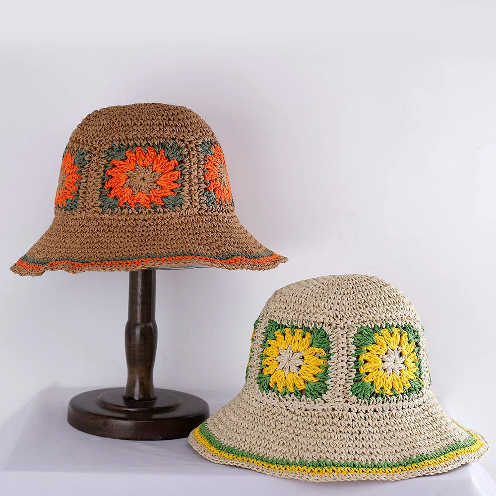 Hollowed Straw Crochet Bucket Hat UV Protection
