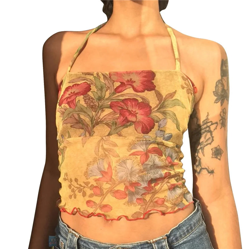 Mesh Sheer Floral Vintage halter Tops