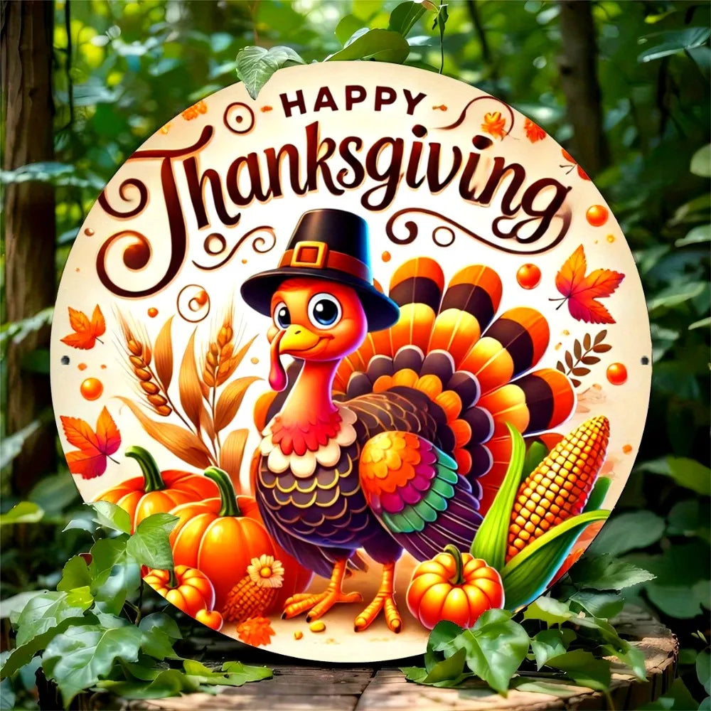 Thanksgiving Turkey Metal Sign - Attractive Printed Iron Wall Art, Round Holiday Plaque for Bar, Cafe, Kitchen Decoration