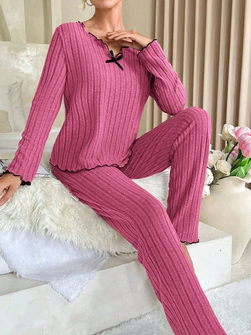 Ribbed Pajamas Set Long Sleeve Top and Long Pants 2 Piece