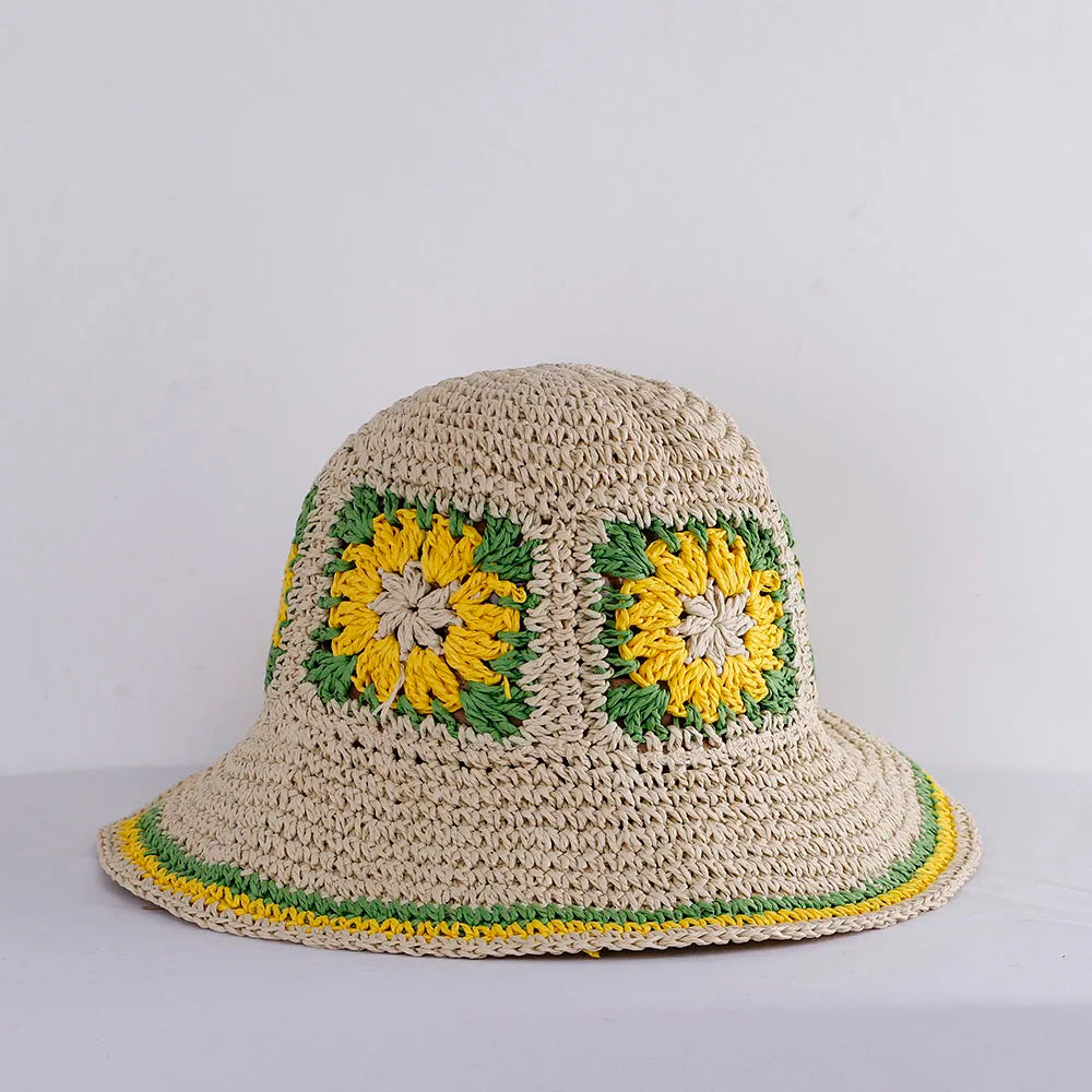 Hollowed Straw Crochet Bucket Hat UV Protection