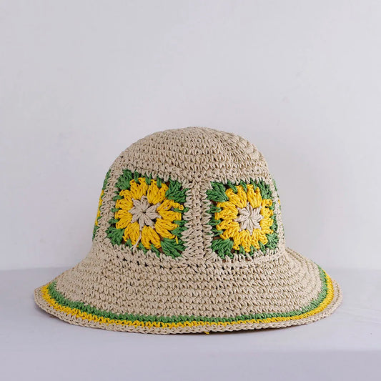 Hollowed Straw Crochet Bucket Hat UV Protection