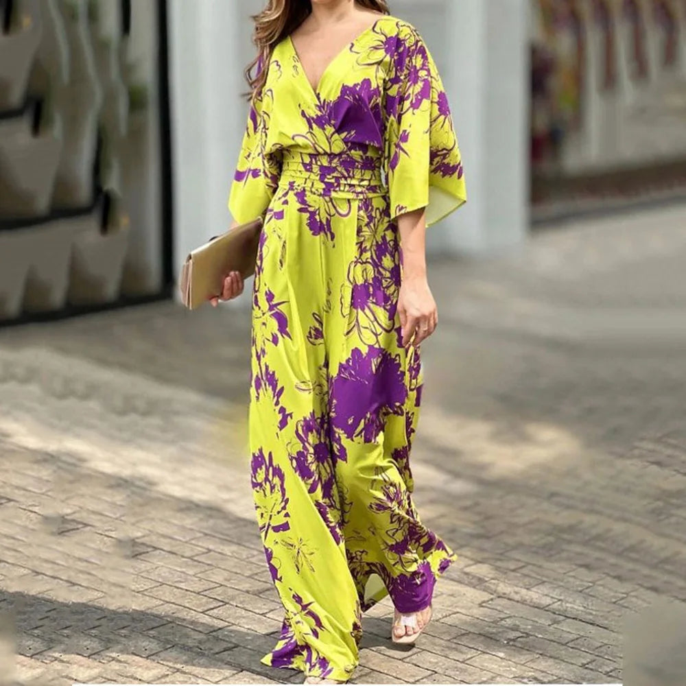 V-neck Dolman Sleeve Print Jumpsuit Loose High-rise Jumpsuit