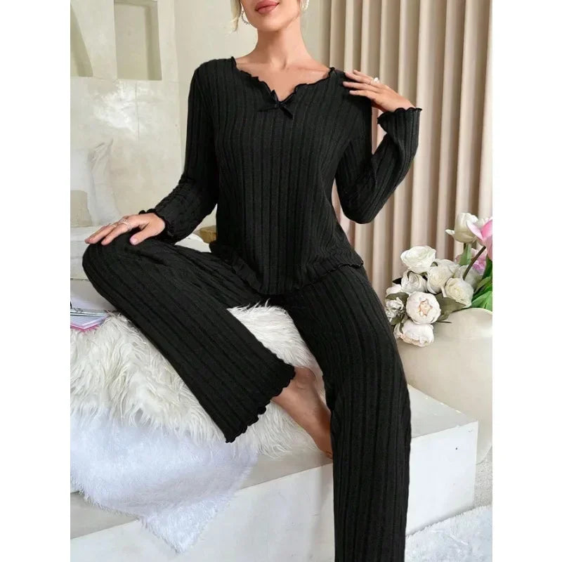 Ribbed Pajamas Set Long Sleeve Top and Long Pants 2 Piece