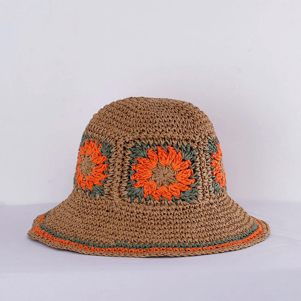 Hollowed Straw Crochet Bucket Hat UV Protection