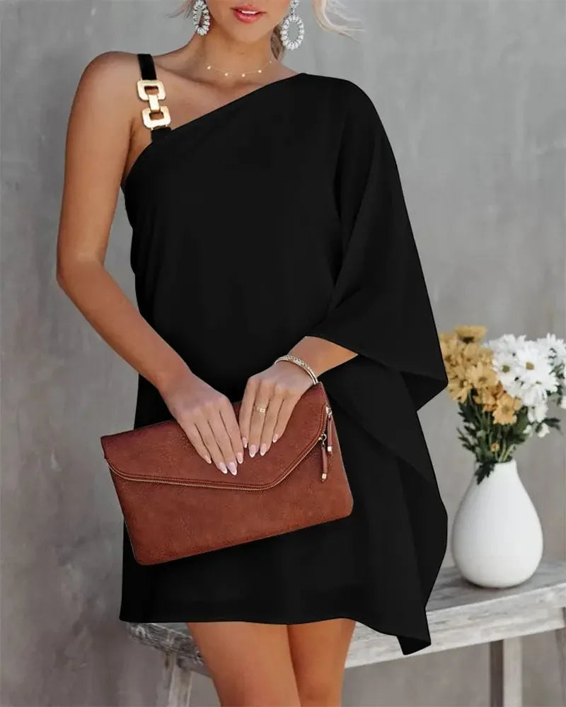 Casual Off-The-Shoulder One Strap Sloping Shoulder Midi Dress