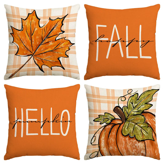 4pcs Thanksgiving Pillow Cover, Pumpkin, Maple Leaf, Stripe Pattern Cushion Cover, Hello Autumn Home Decoration Pillowcase