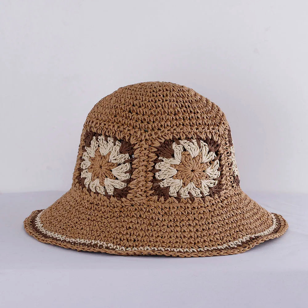 Hollowed Straw Crochet Bucket Hat UV Protection