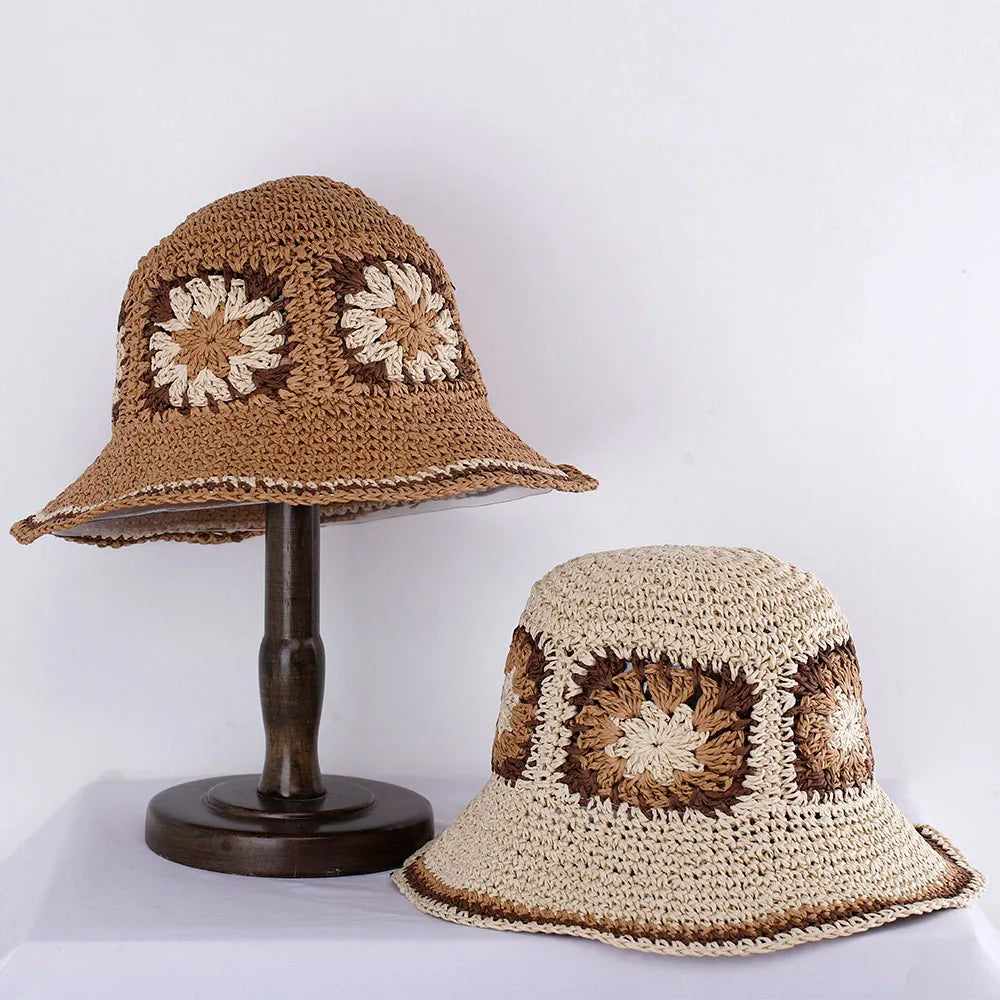 Hollowed Straw Crochet Bucket Hat UV Protection