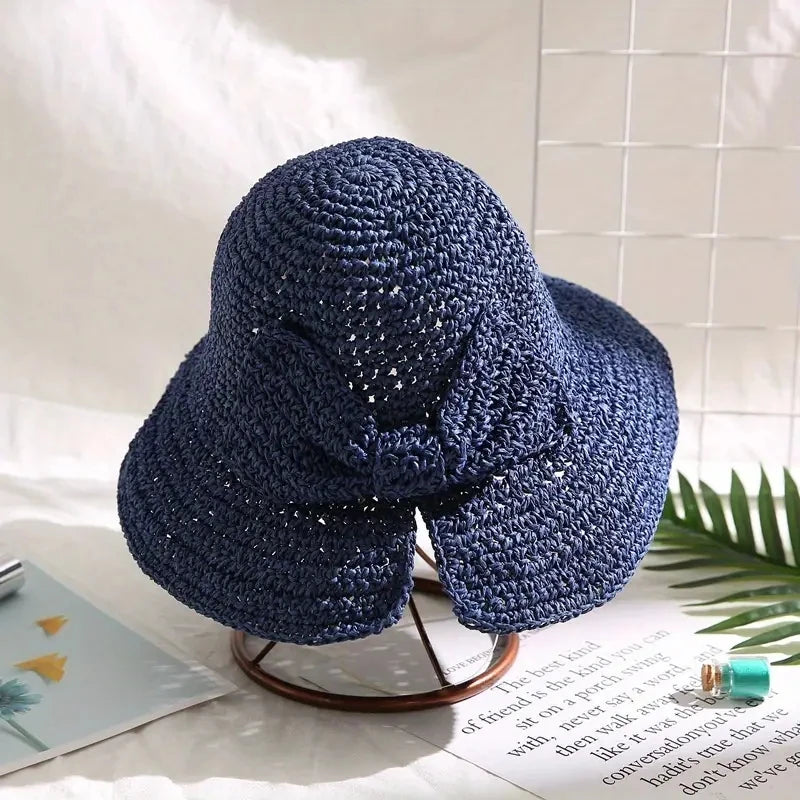 Straw Bowknot Slit Vintage Crochet Foldable Bucket Hat UV Protection