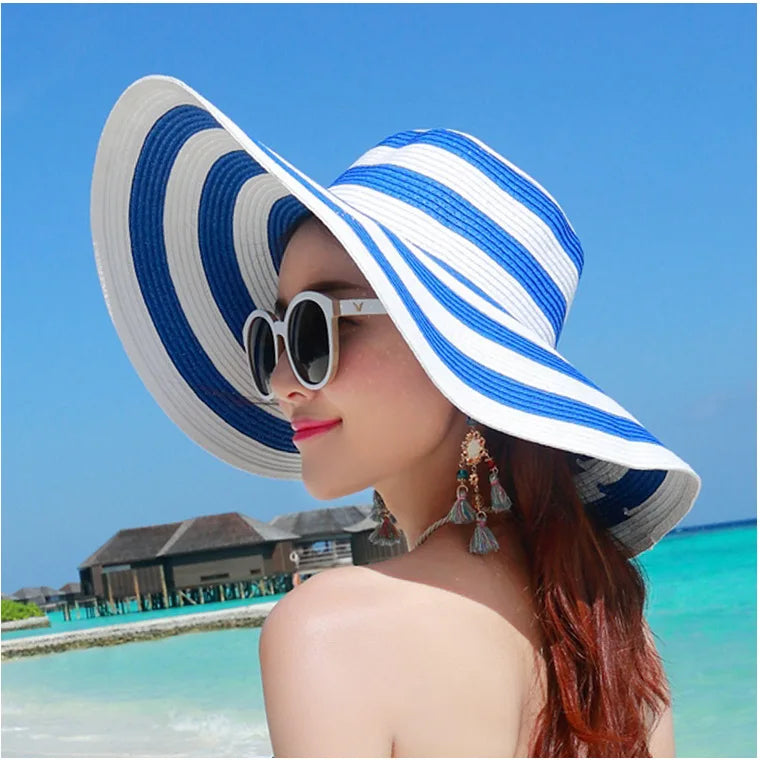 Casual Straw Striped Large Brim Hats UV Protection