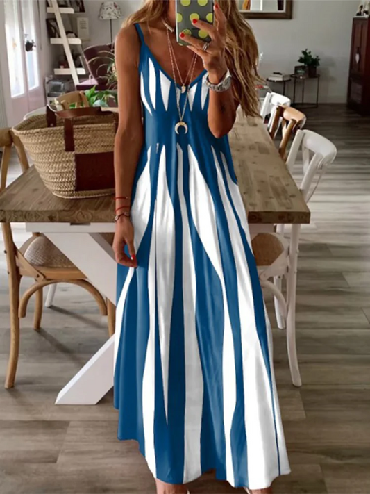 Sleeveless White Stripe Printed Long Dresses