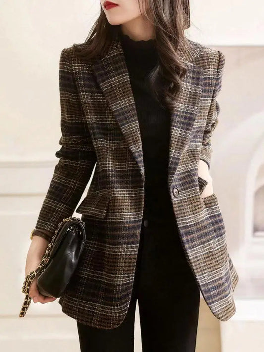 Brown Women Plaid Woolen Blazer